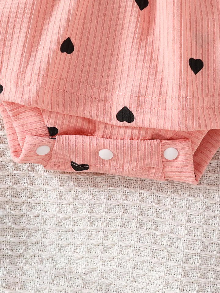 Children's Heart Print Ruffle Trim Bodysuit Dress with Headband - cas7m