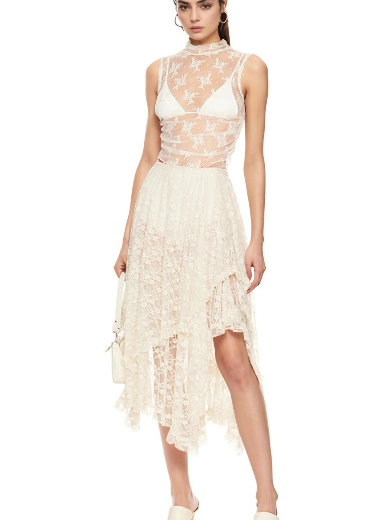 Asymmetrical Lace Midi Skirt - cas7m