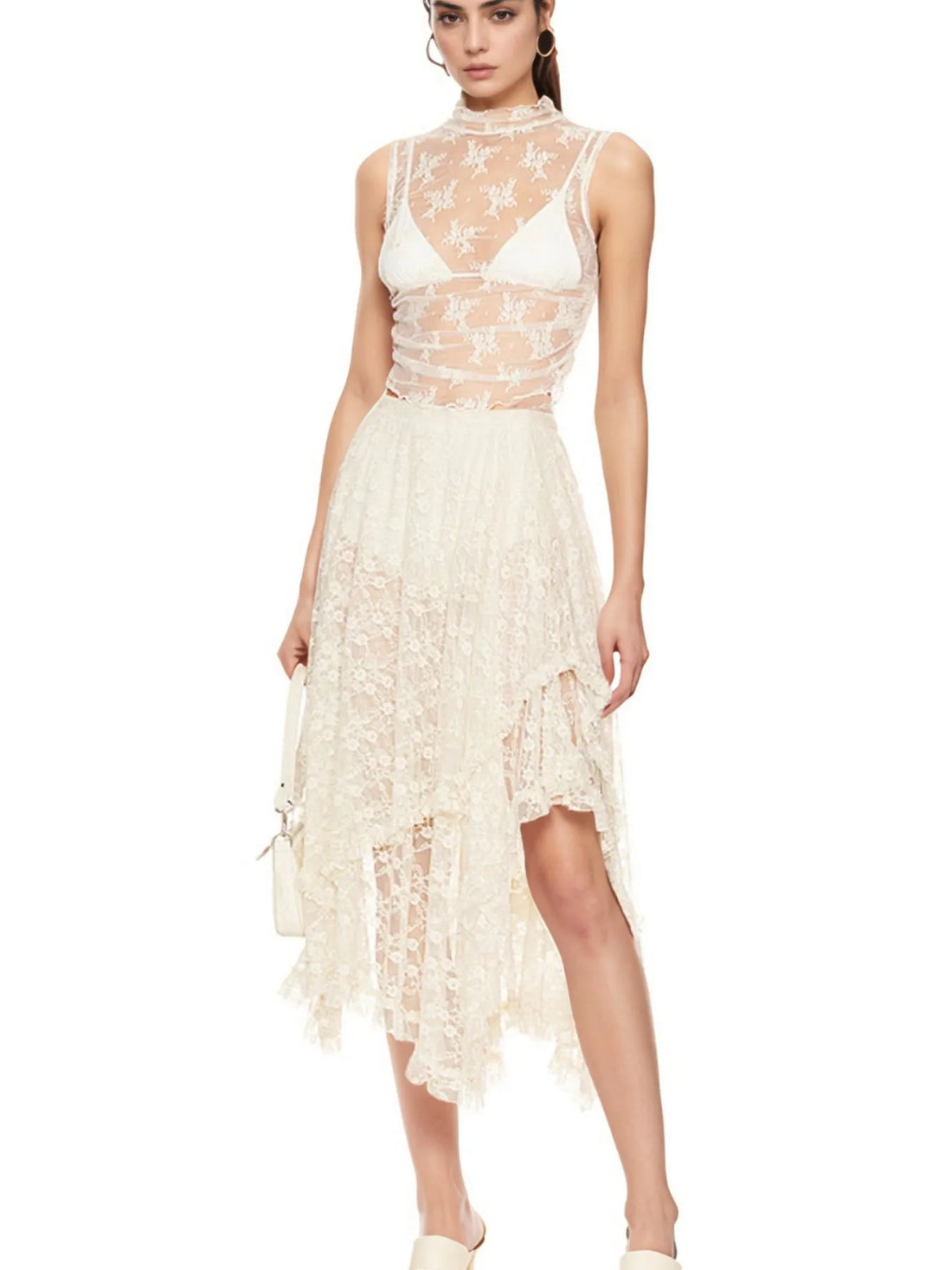 Asymmetrical Lace Midi Skirt - cas7m