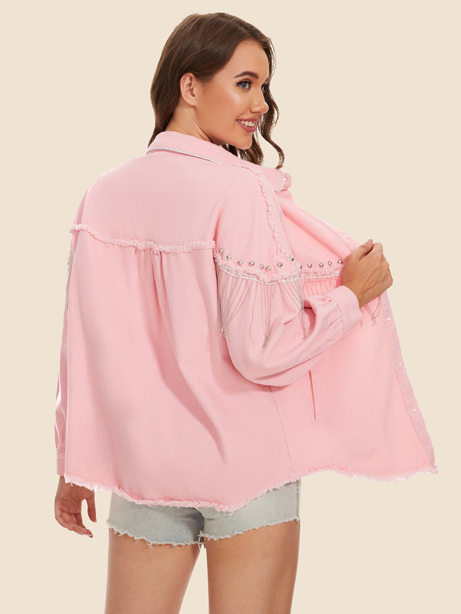Raw Hem Fringe Detail Denim Jacket - cas7m