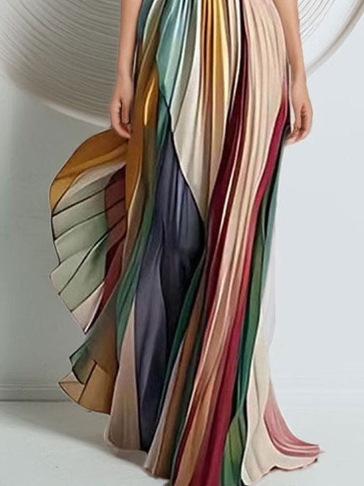 Striped Pleated Strapless Maxi Dress - cas7m