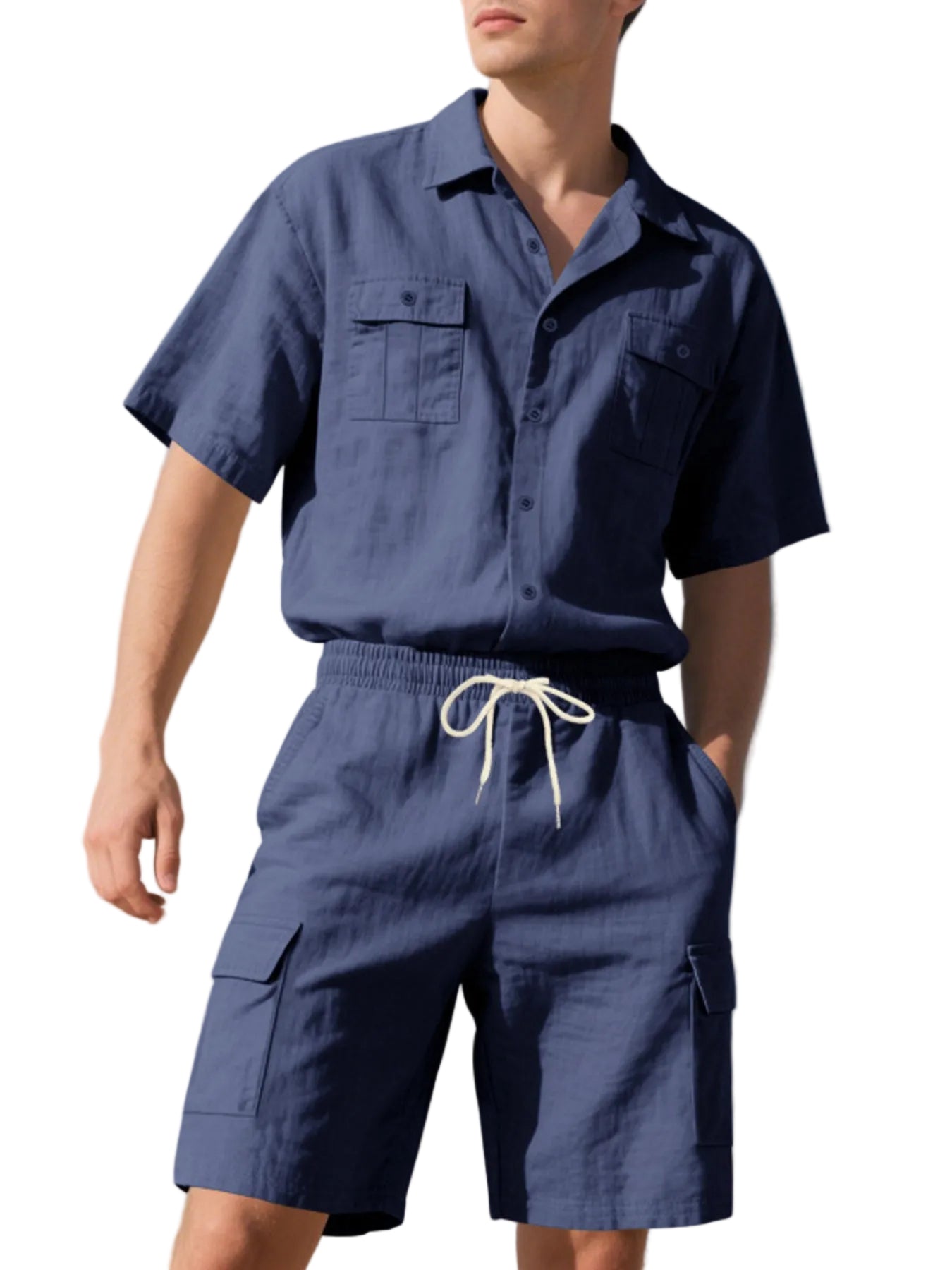 Men's Full Size Button Up Shirt and Shorts Set Plus Size - cas7m