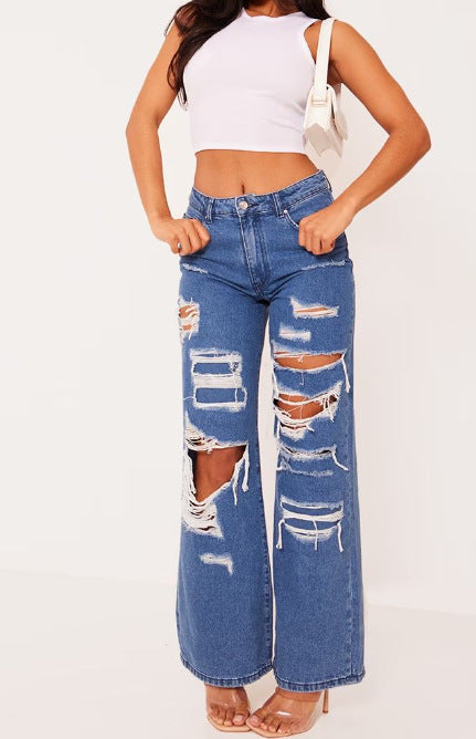 Solid Color Distressed Washed Denim Jeans - cas7m