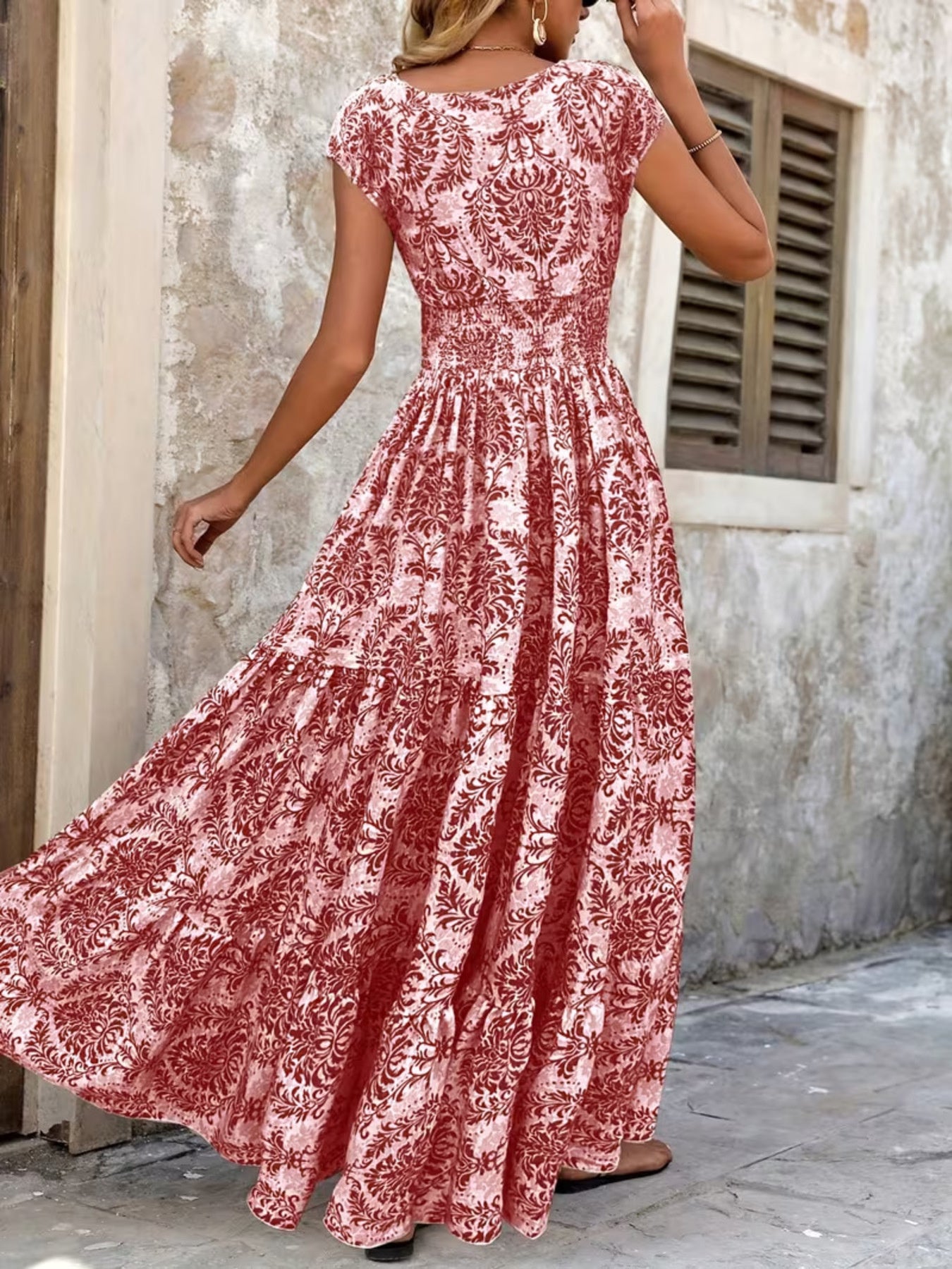 Printed Cap Sleeve Maxi Dress - cas7m