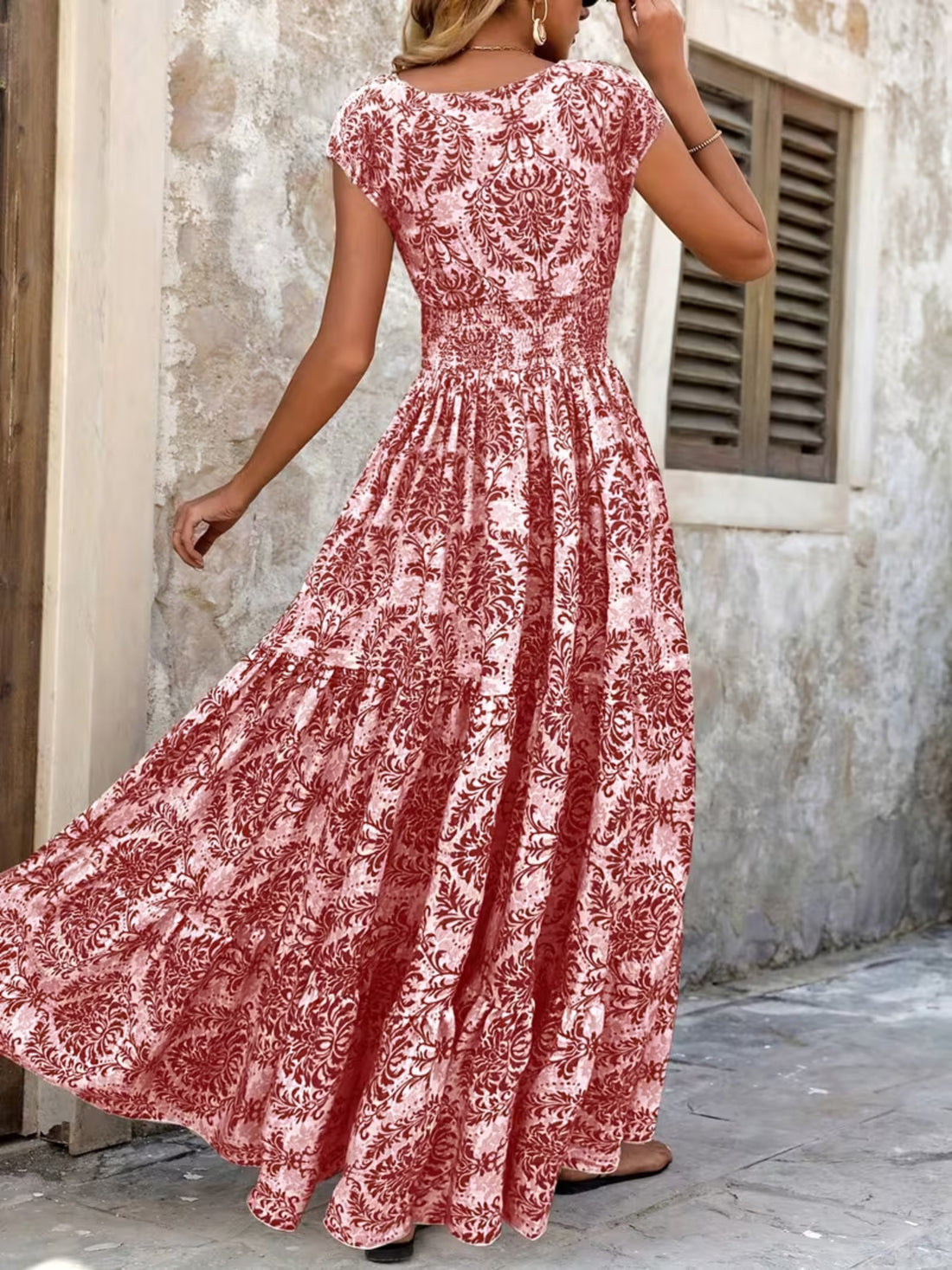Printed Cap Sleeve Maxi Dress - cas7m