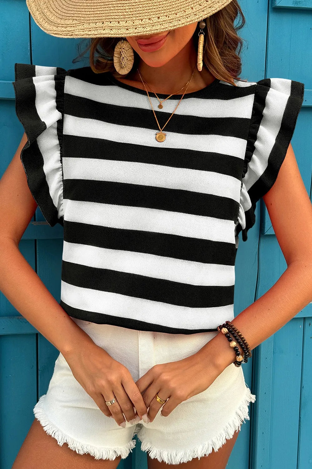 Ruffle Sleeve Striped T-Shirt - cas7m