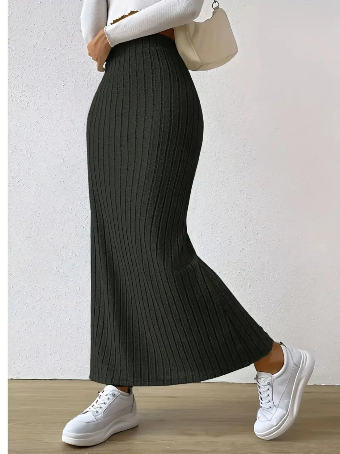 High Waist Ribbed Knit Maxi Skirt - cas7m
