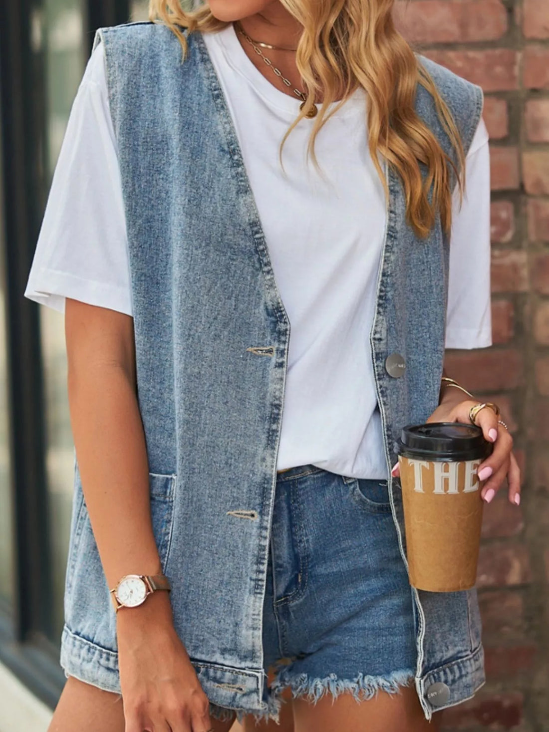 Sleeveless Button-Down Denim Jacket Vest - cas7m
