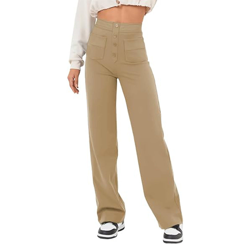 High Waist Trousers With Pockets Casual Loose Wide Leg Button Straight Pants Women's Clothing - cas7m