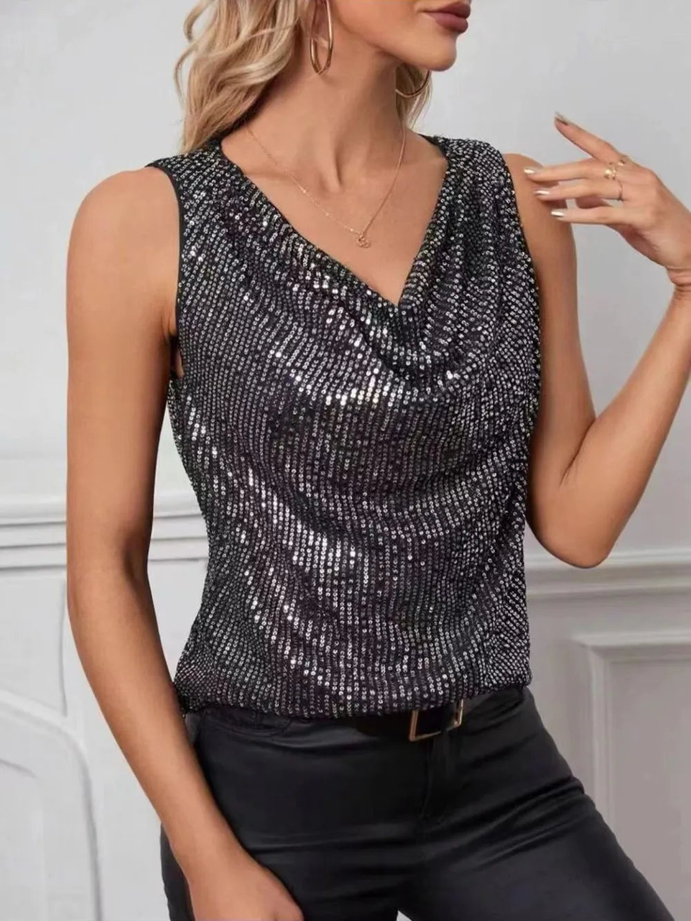 Sequin Cowl Neck Tank - cas7m