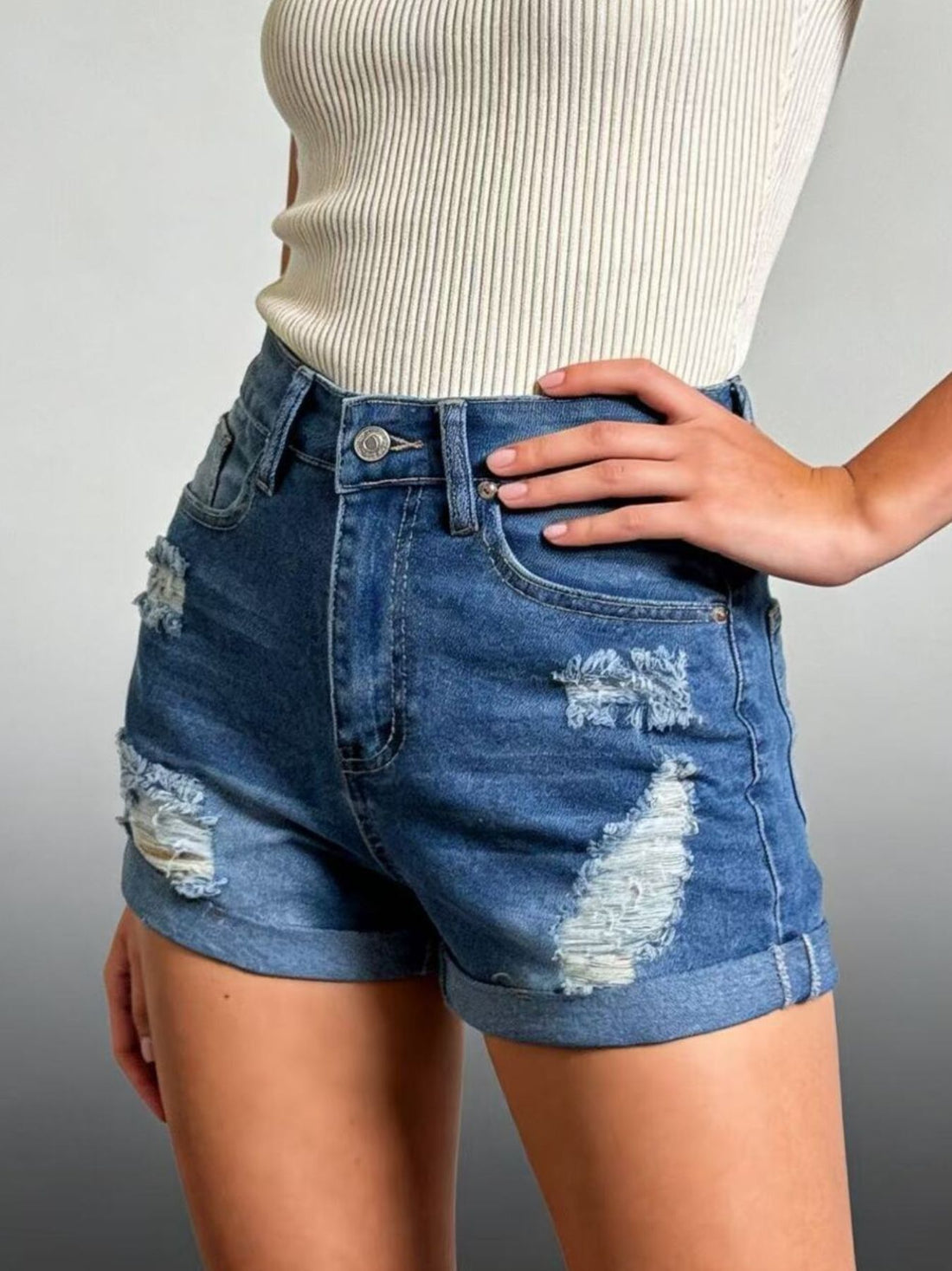 Distressed High-Waisted Denim Shorts - cas7m