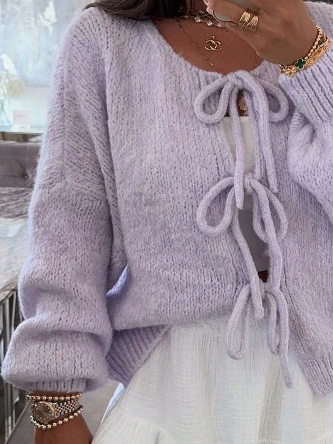 Cozy Bow-Tie Front Knit Cardigan - cas7m