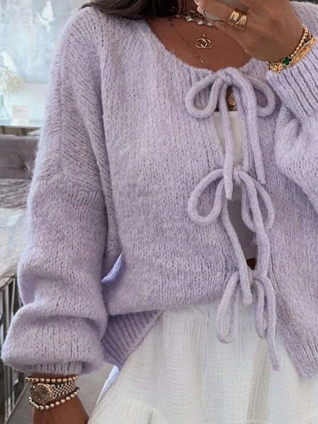 Cozy Bow-Tie Front Knit Cardigan - cas7m