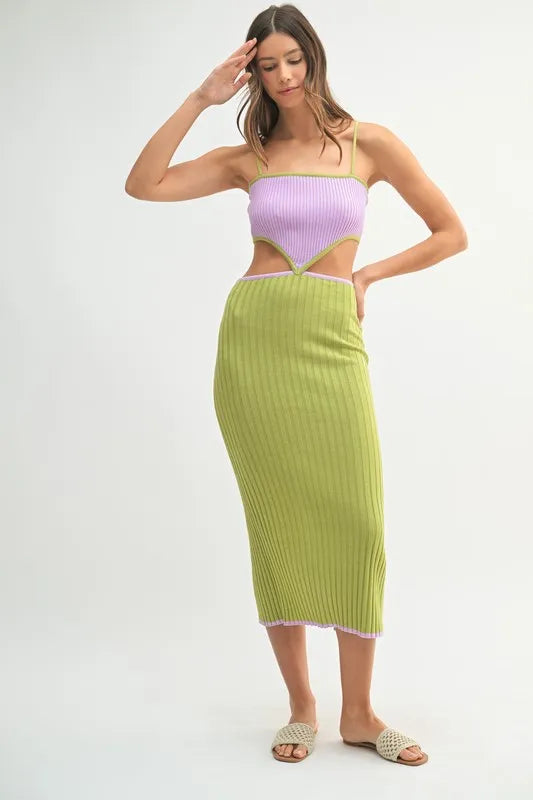 MABLE Ribbed Knit Color Block Cutout Midi Dress - cas7m