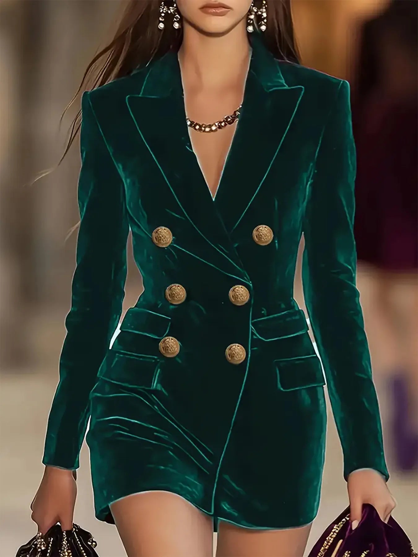 Velvet Double-Breasted Blazer Dress - cas7m