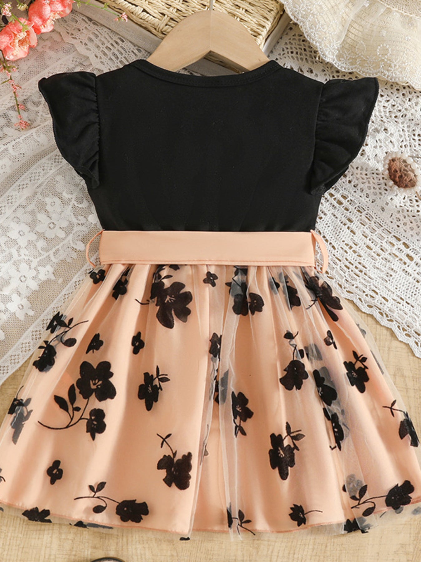 Children's Floral Print Mesh Bowknot Toddler Dress - cas7m
