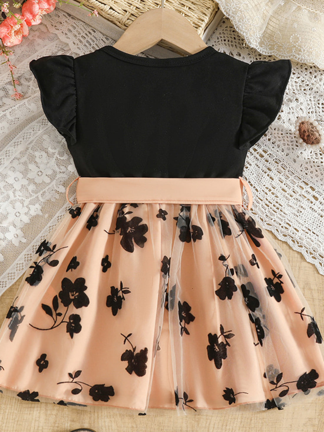 Children's Floral Print Mesh Bowknot Toddler Dress - cas7m