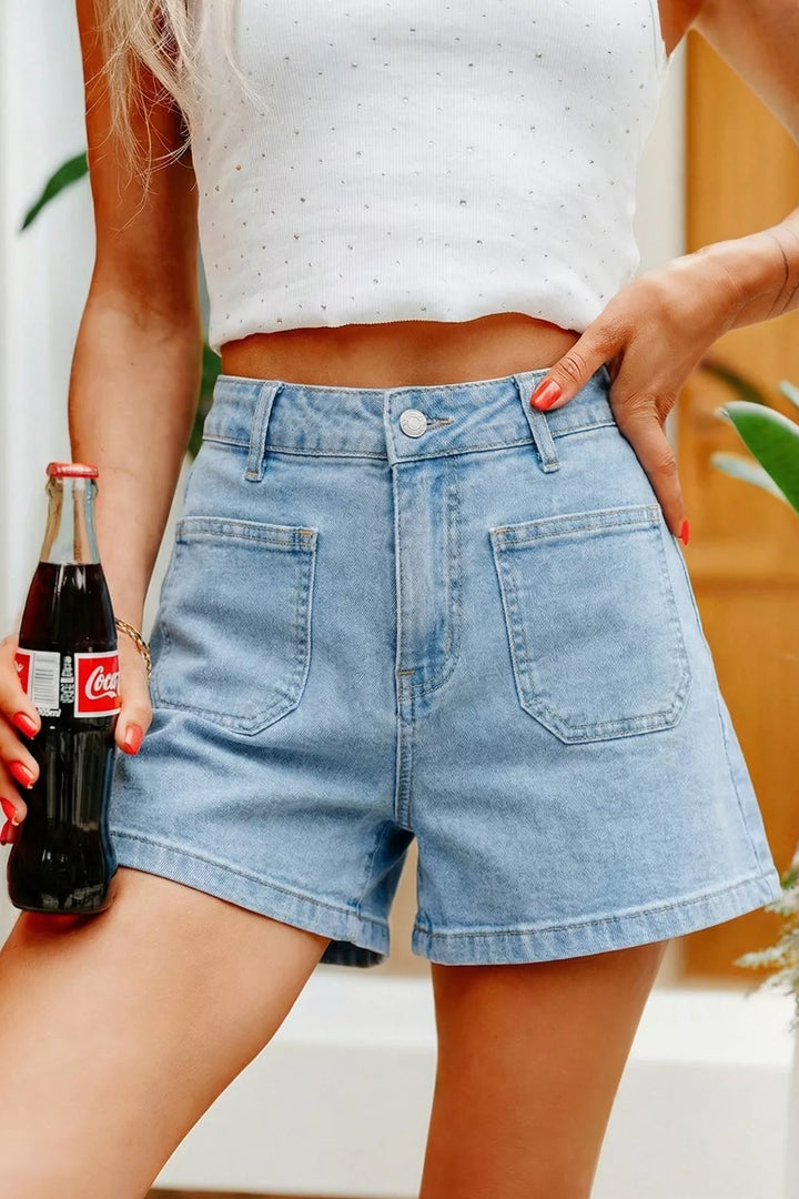 High Rise Patch Pocket Denim Shorts - cas7m
