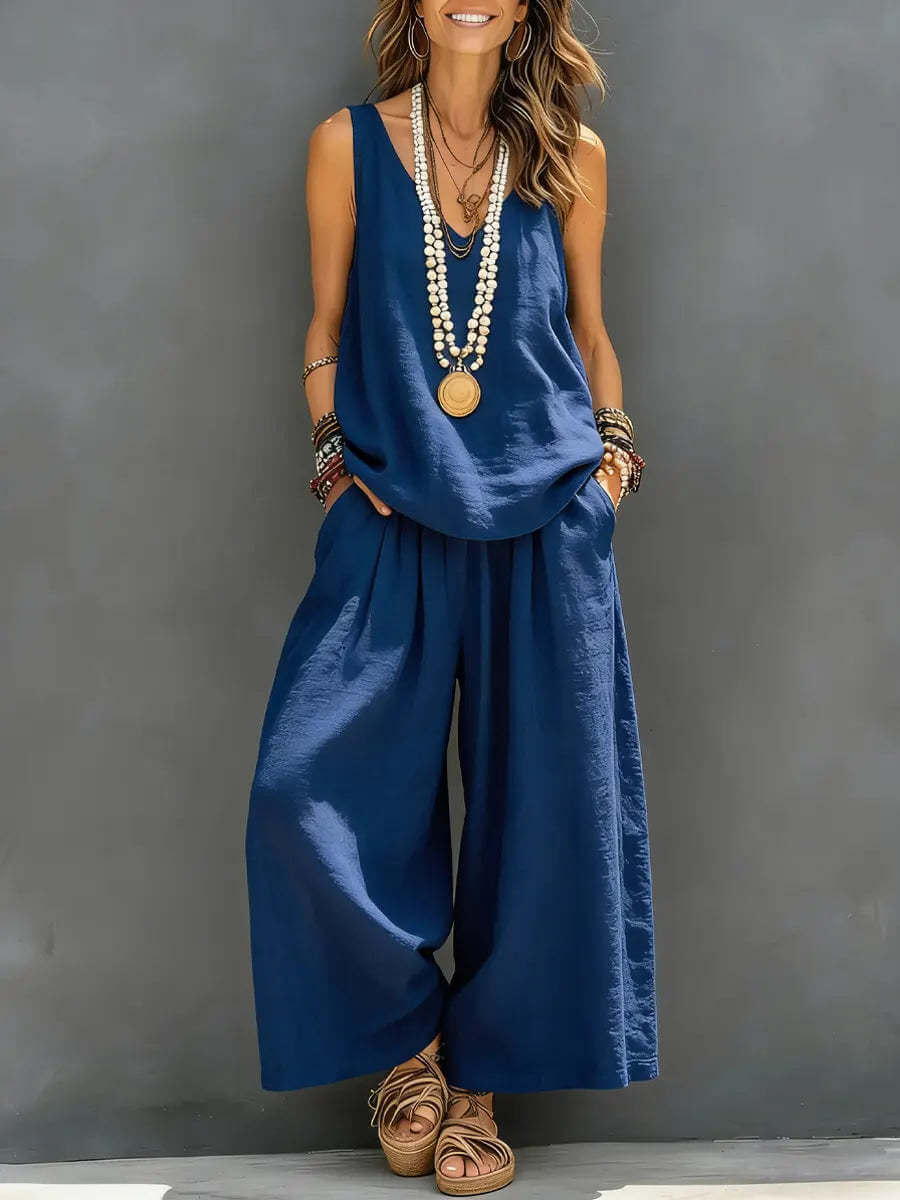 Womens Solid-Colored Casual Sleeveless Tank Top And Wide-Leg Pants Cotton-Linen Set For Daily Wear Holiday Outfit - cas7m