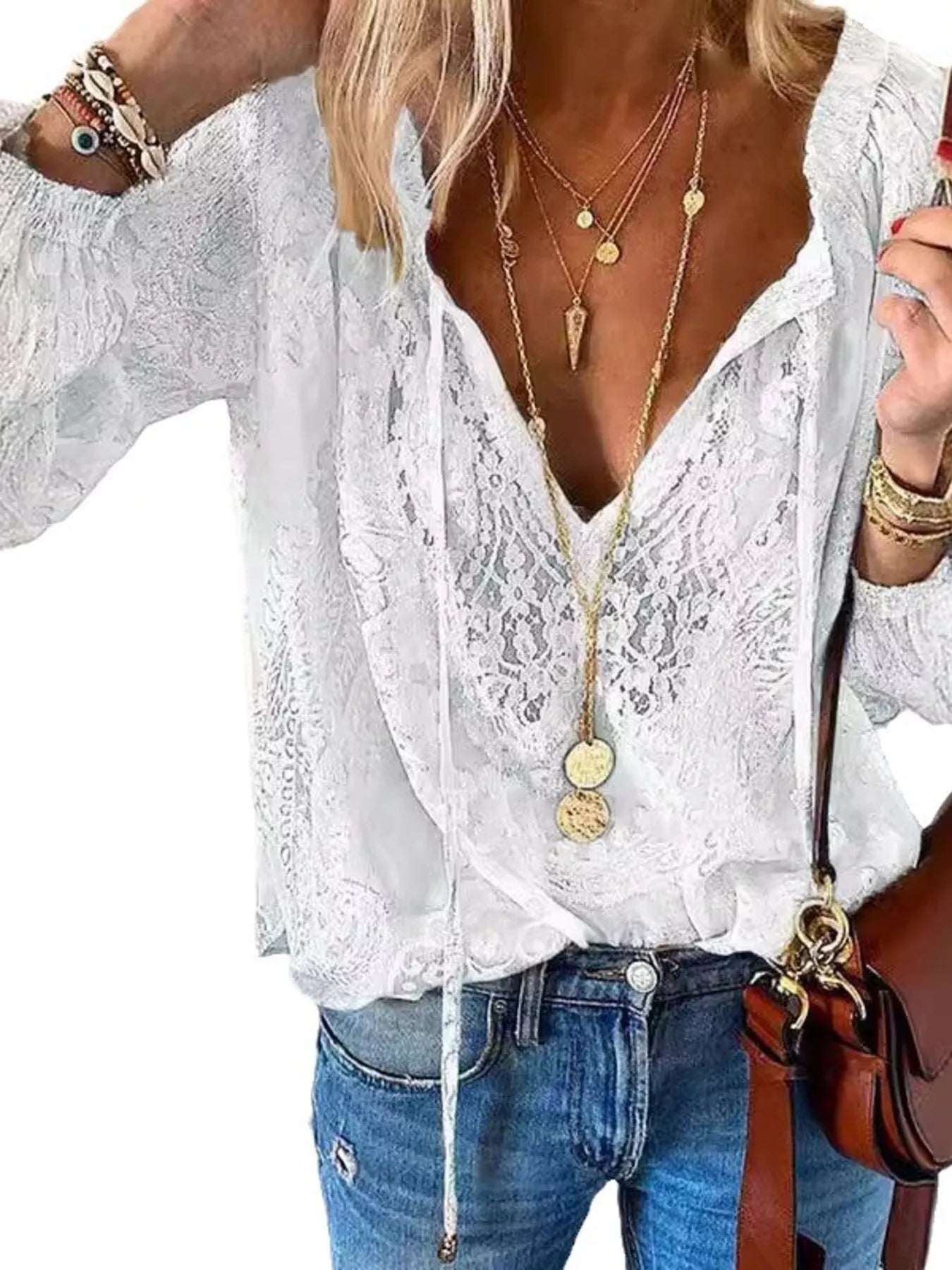Lace Tie-Neck Blouse - cas7m