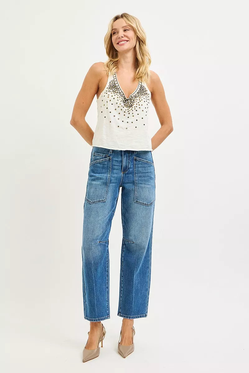 RISEN 4 Way Stretch Mid Rise Barrel Jeans with Patch Pocket Detail - cas7m