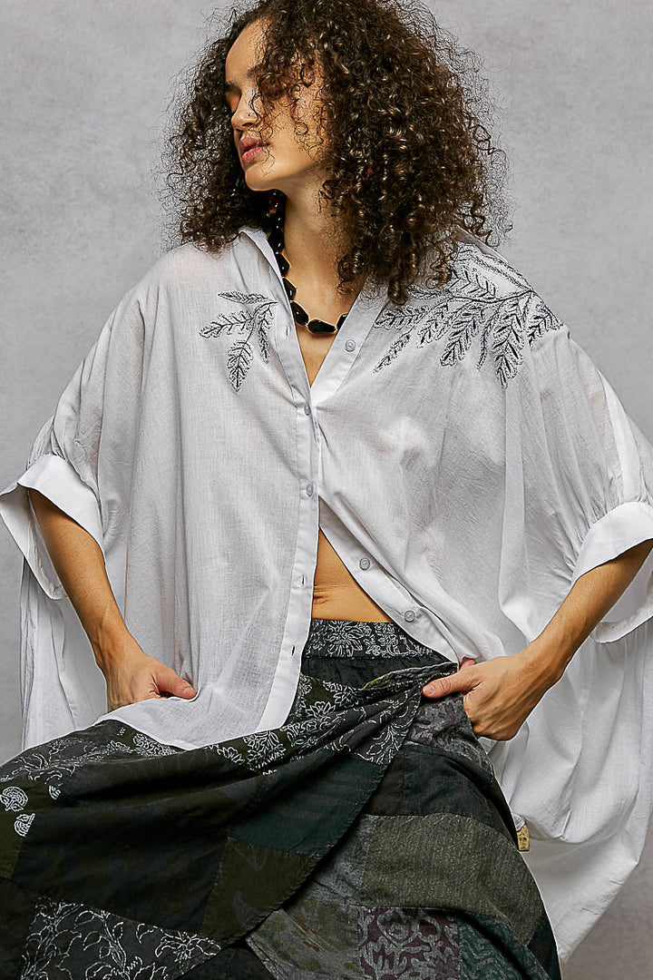 POL Button Down Embroidered Floral High-Low Hem Shirt - cas7m