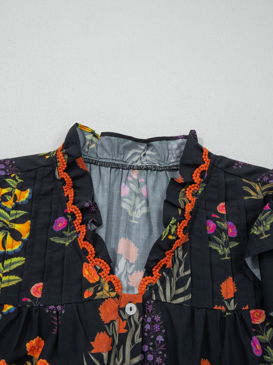 Floral Print Lace Trim Frilled V Neck Short Sleeve Shirt - cas7m