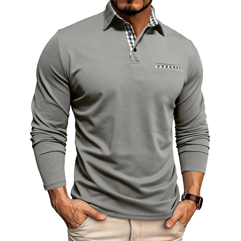 Casual Plaid Splicing Lapel Polo Shirt Fashion Solid Color Long Sleeve Top Men's Clothing - cas7m