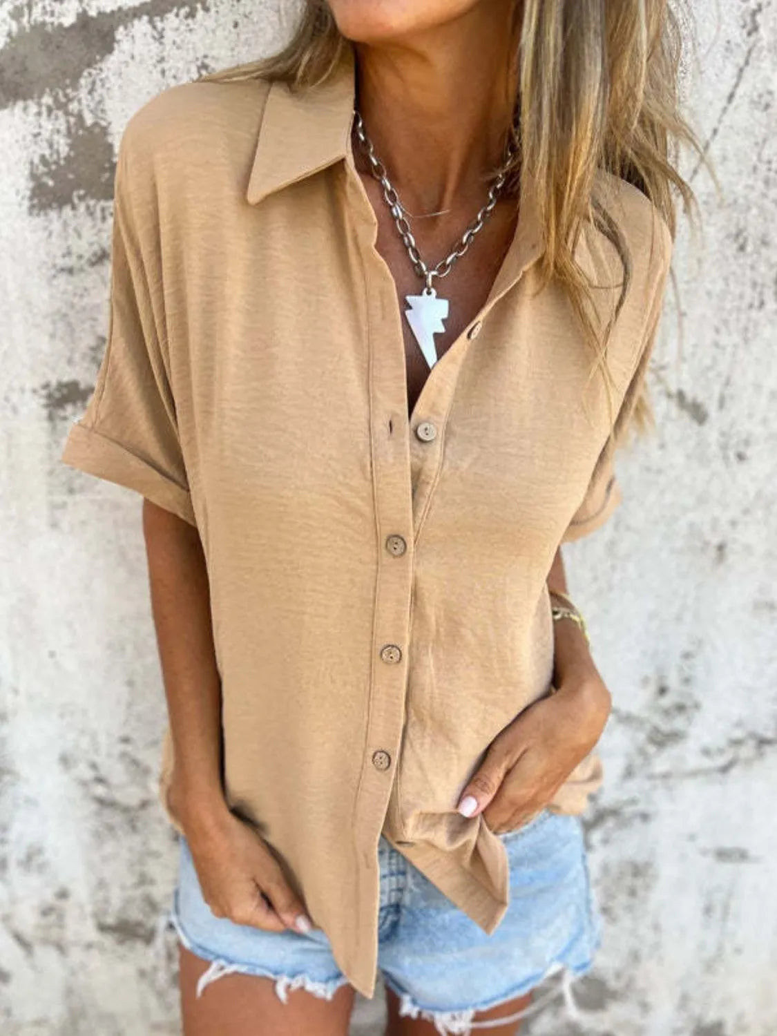 Full Size Collared Neck Half Sleeve Shirt Plus Size - cas7m