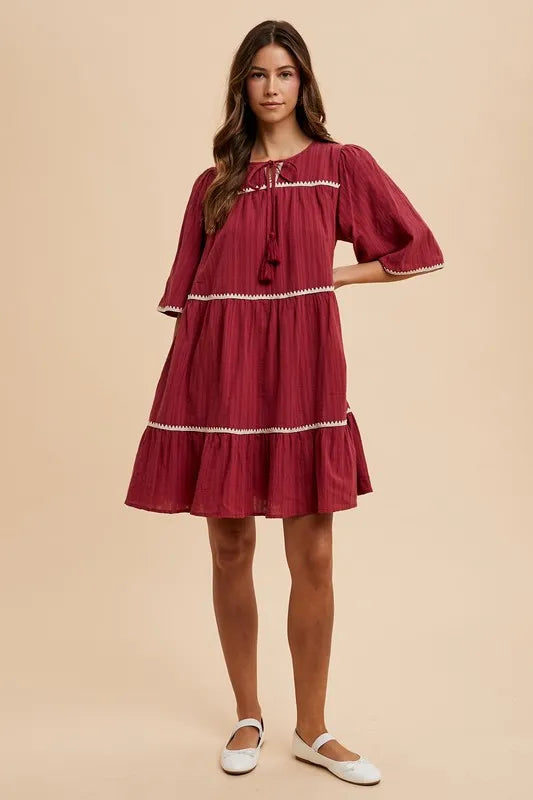 Annie Wear Tassel Contrast Trim Tie Neck Half Sleeve Tiered Dress - cas7m