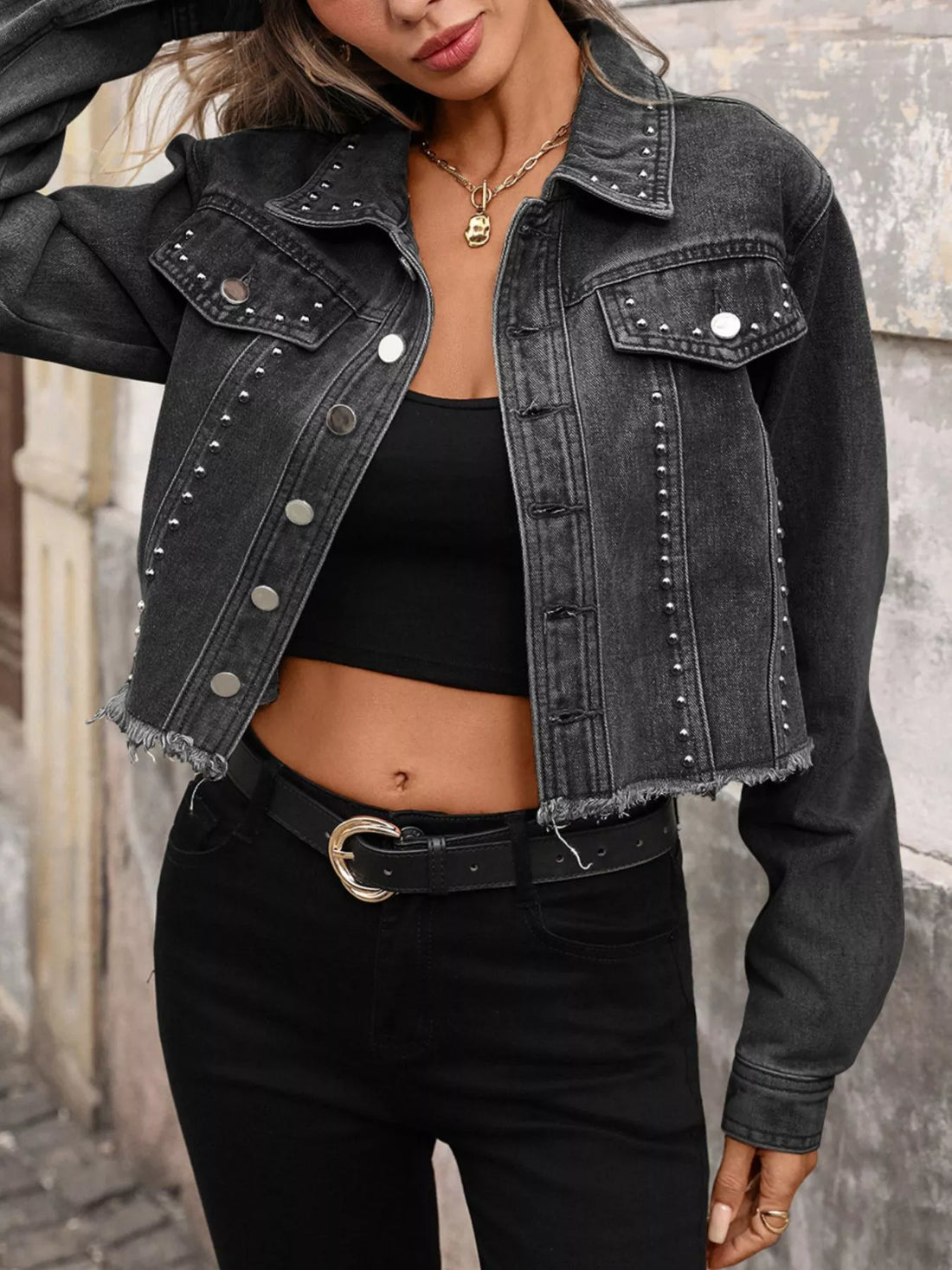 Studded Raw Hem Denim Jacket - cas7m