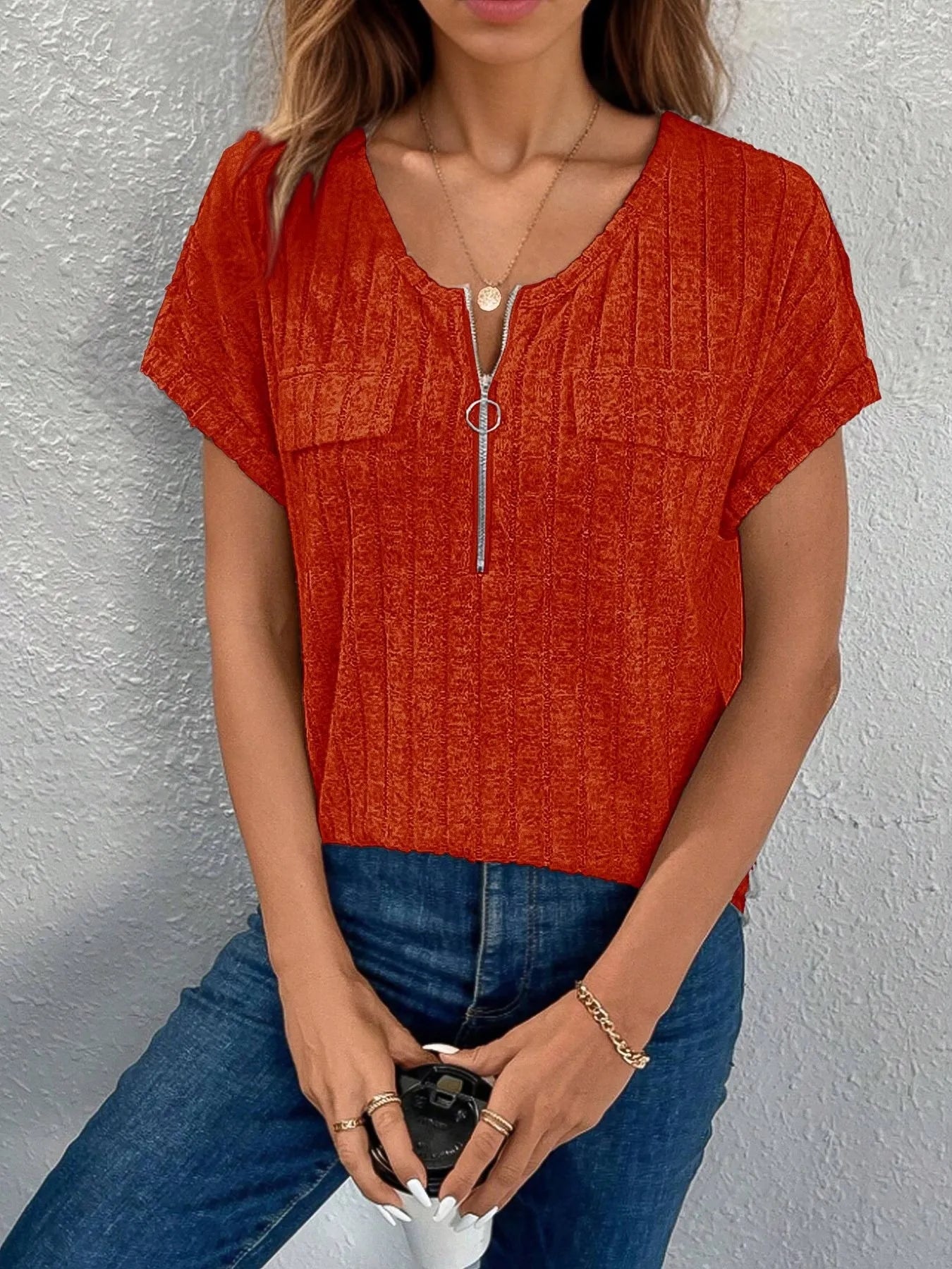 Zip-Front Short Sleeve T-Shirt - cas7m