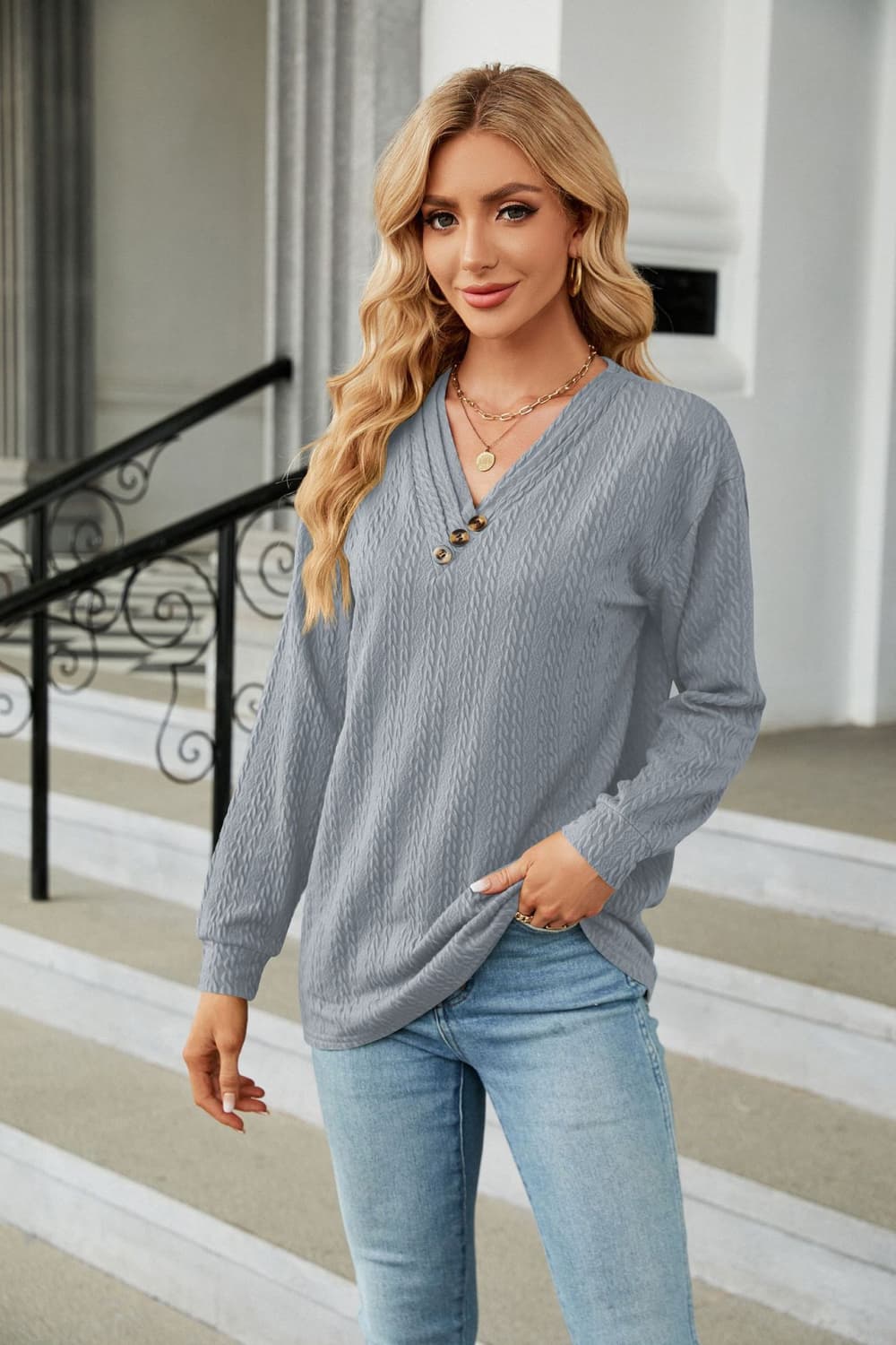 Decorative Button V-Neck Long Sleeve T-Shirt - cas7m