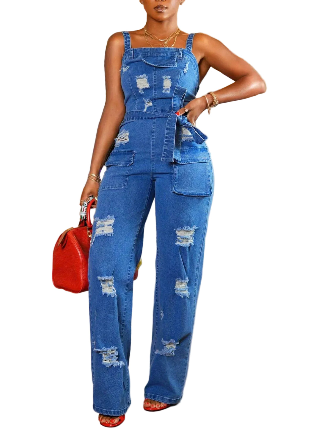 Distressed Wide Leg Denim Jumpsuit - cas7m