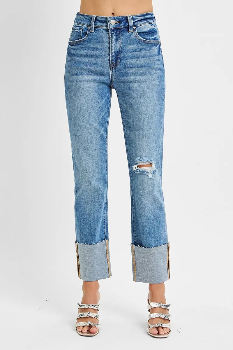RISEN Full Size High Rise Ankle Straight Wide Cuffed Jeans Plus Size - cas7m