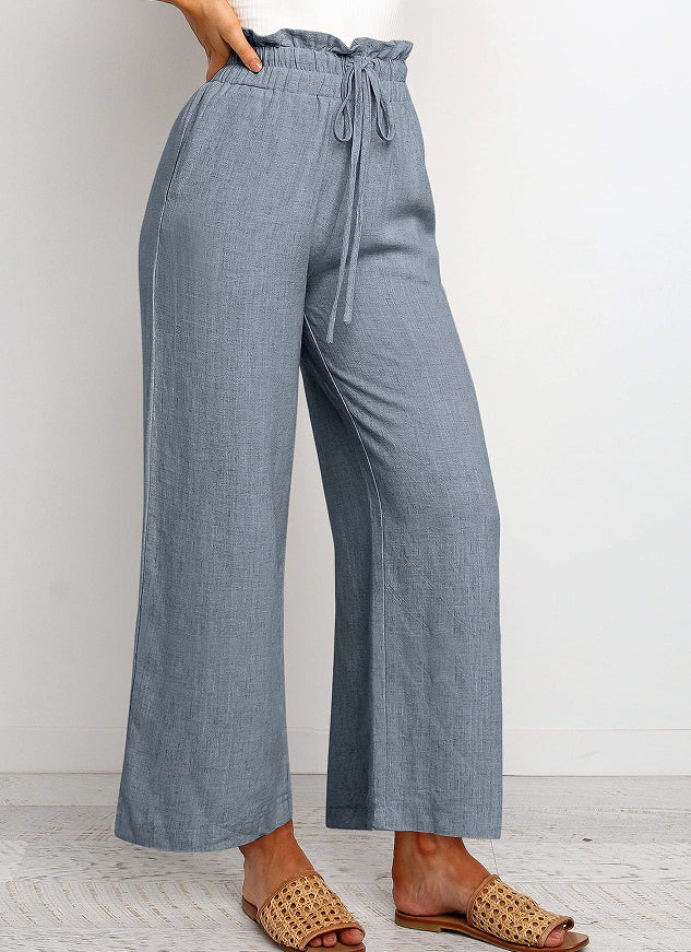 Elastic Waistband Lace-up Wide Leg Pants Solid Color Cropped Pants - cas7m