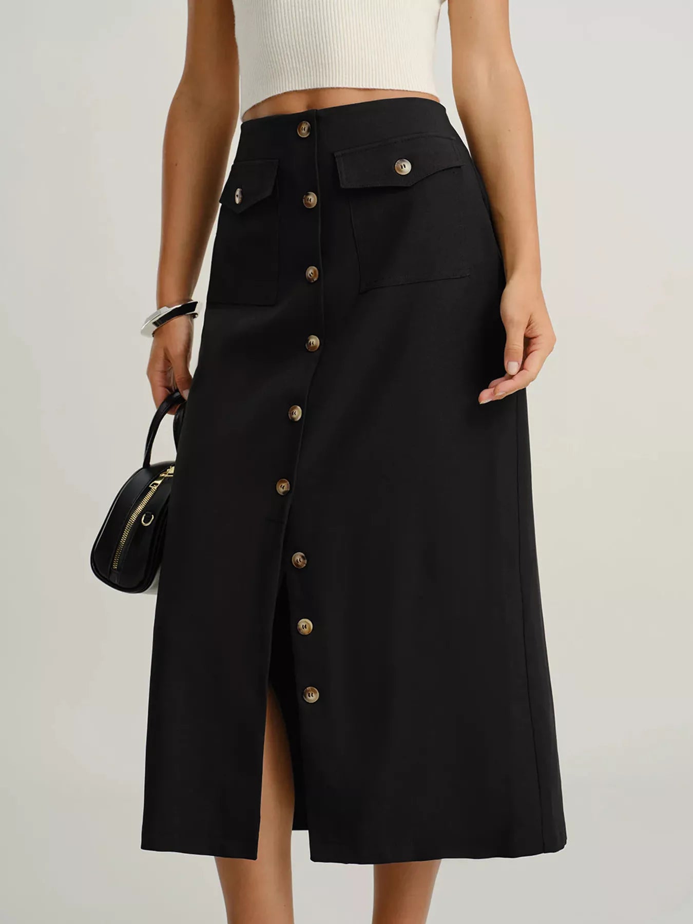 Button-Front Midi Skirt with Pockets - cas7m