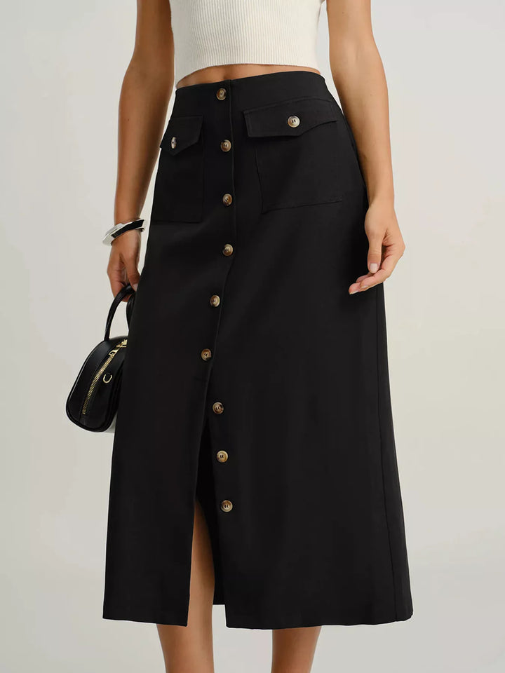 Button-Front Midi Skirt with Pockets - cas7m