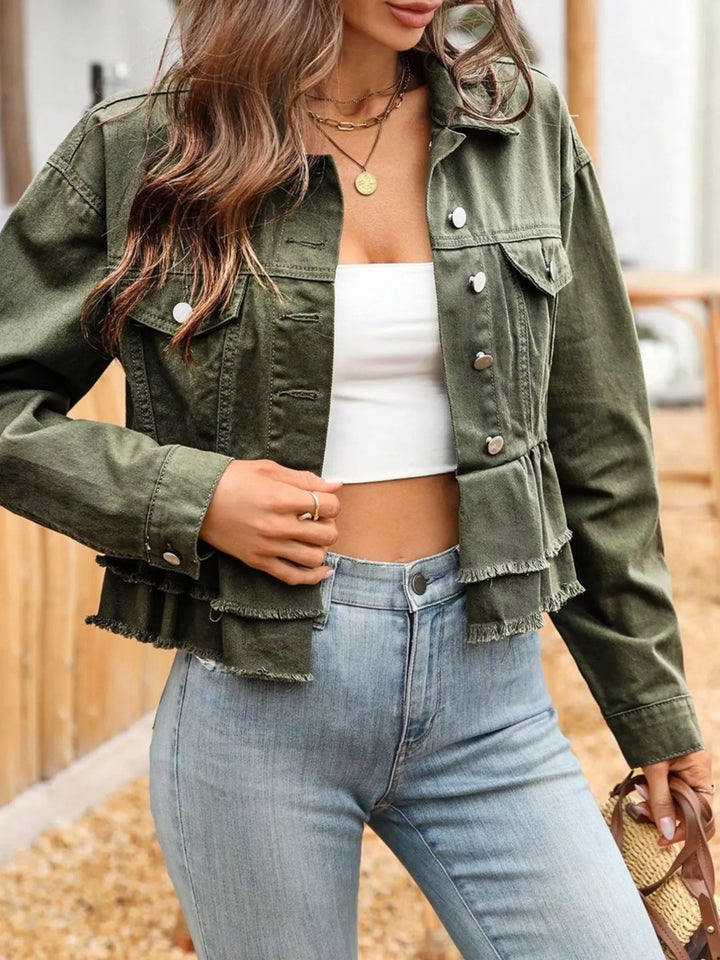 Ruffle Raw Hem Denim Jacket - cas7m