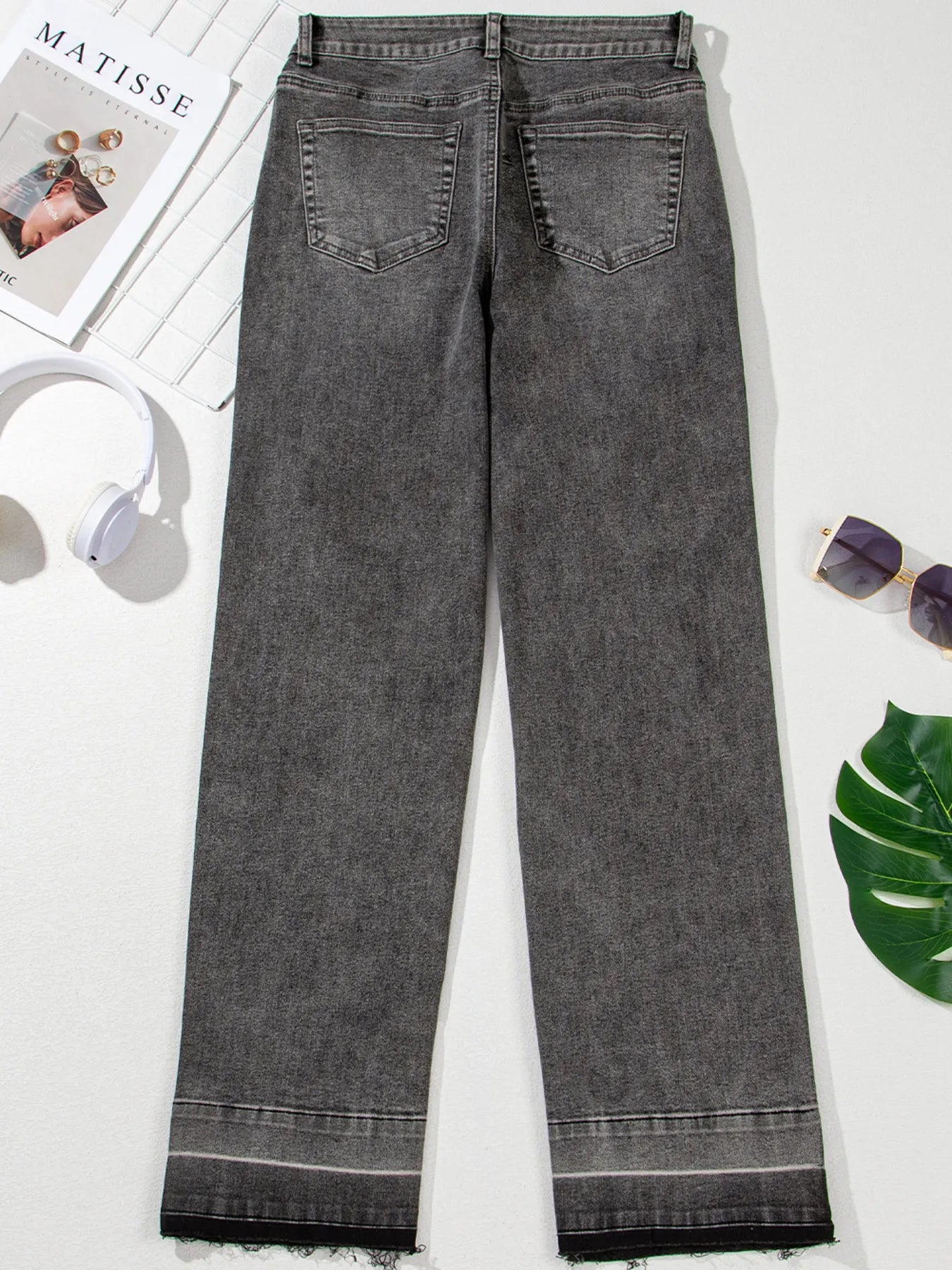 Raw Hem Unique Cuffs Straight High Rise Loose Jeans - cas7m