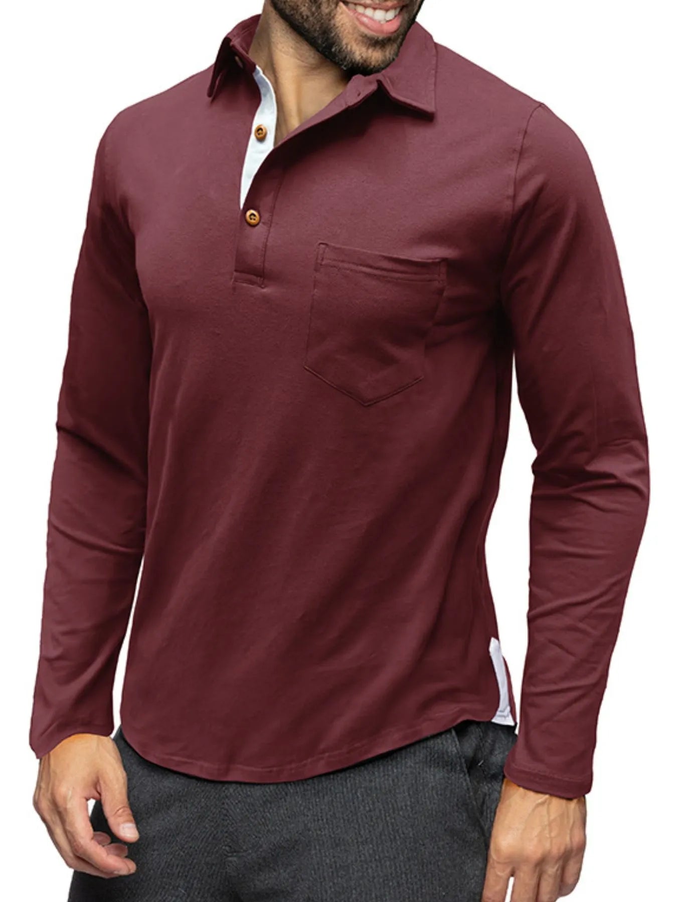 Men's Long Sleeve Polo Shirt with Chest Pocket - cas7m