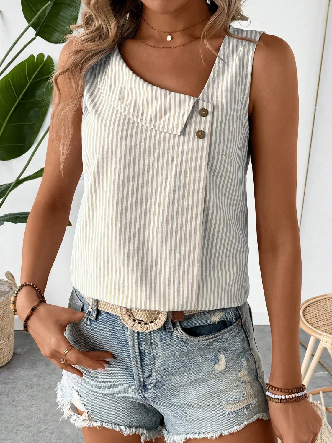 Decorative Button Asymmetrical Striped Tank - cas7m