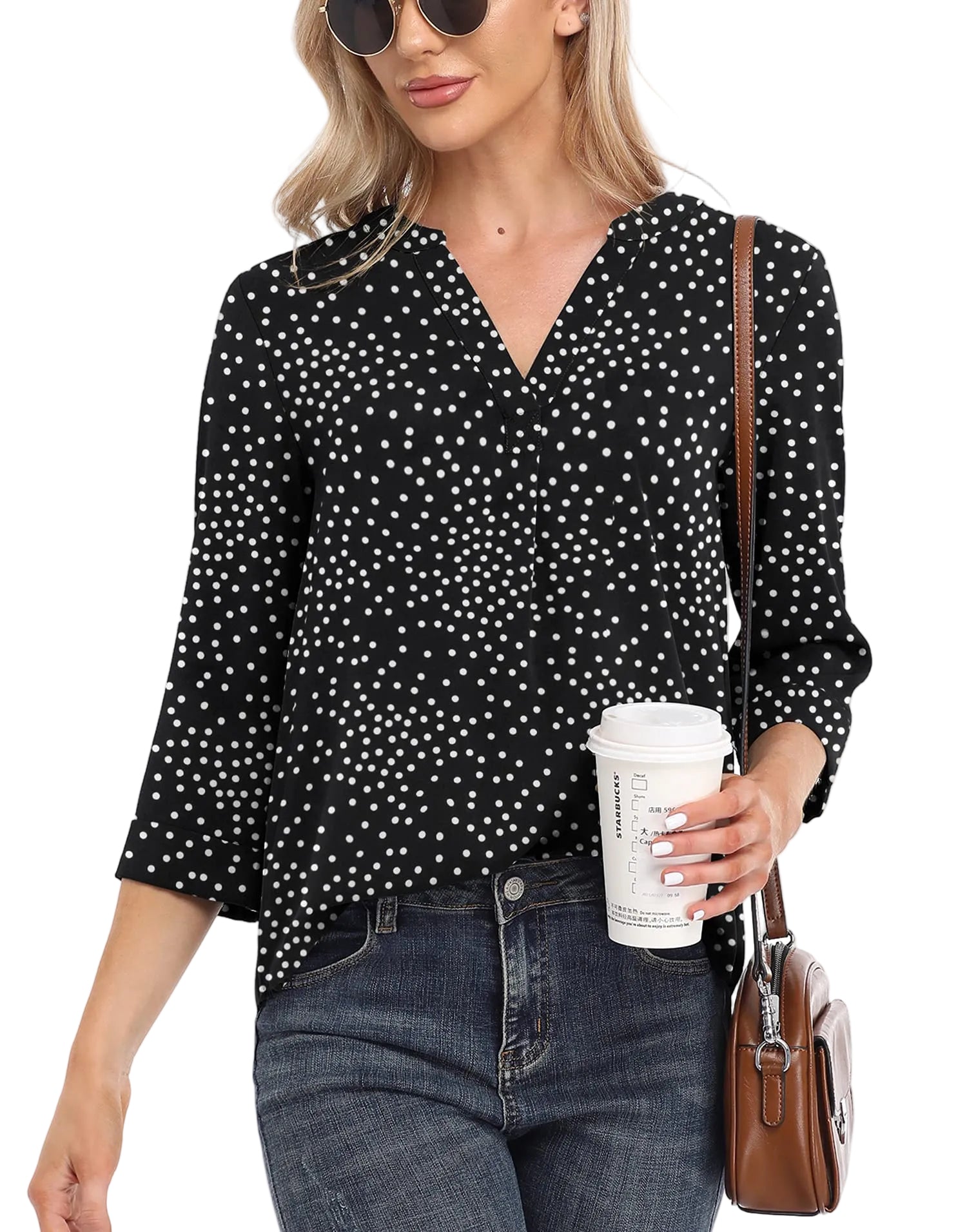 VIISHOW Work Blouses for Women Business Casual Tops V Neck Chiffon Long Sleeve Blouses Top Black Dot XX-Large