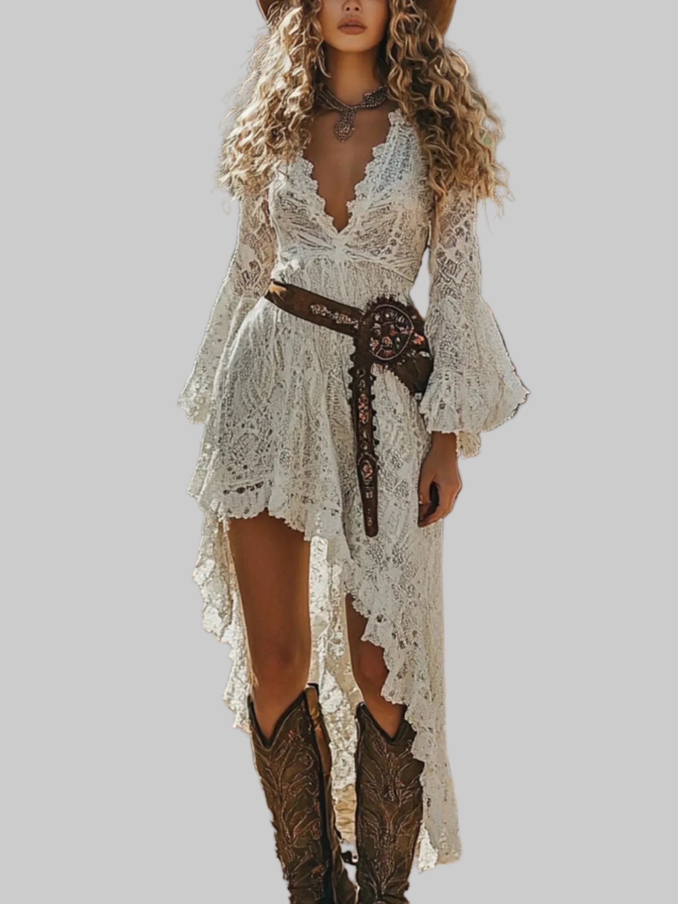 Lace High-Low V-Neck Dress - cas7m