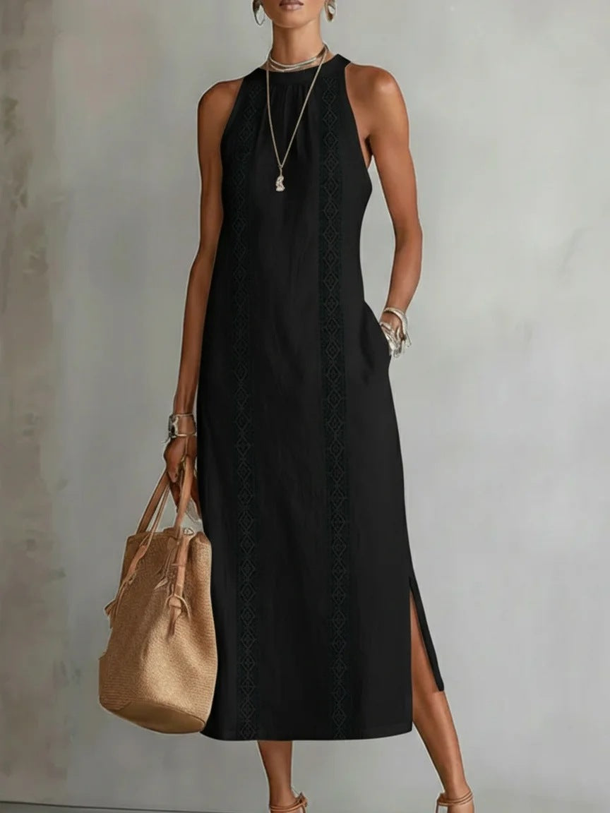 Women's Halter Neck Sleeveless Dress Lace Patchwork Holiday Style Summer Top - cas7m