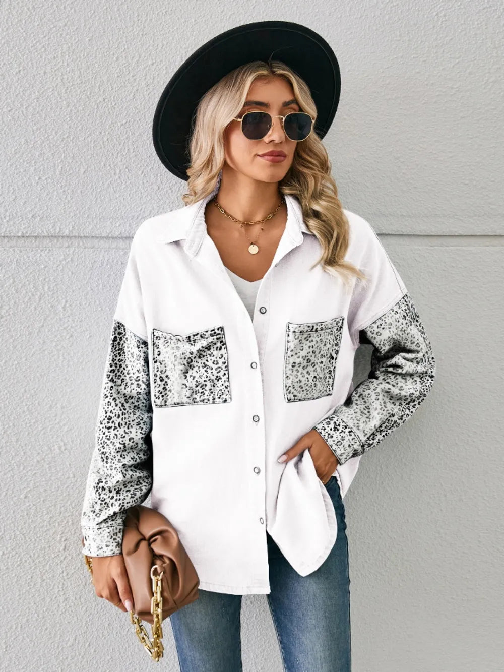 Leopard Button Up Denim Jacket - cas7m