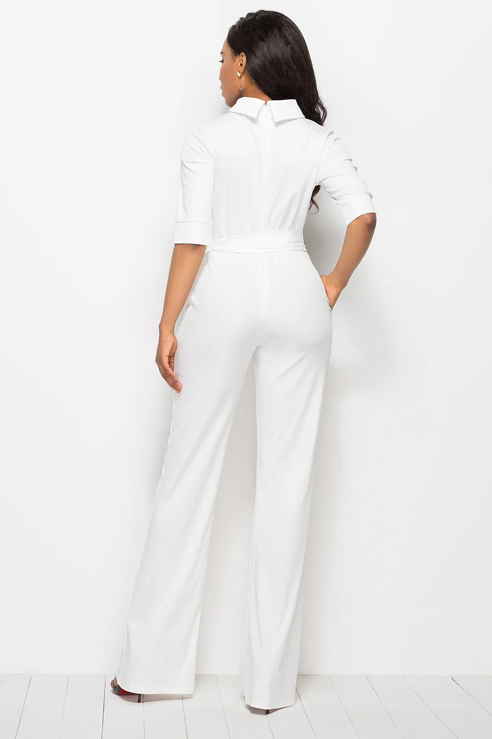 Mock Neck Tie-Waist Half Sleeve Jumpsuit - cas7m