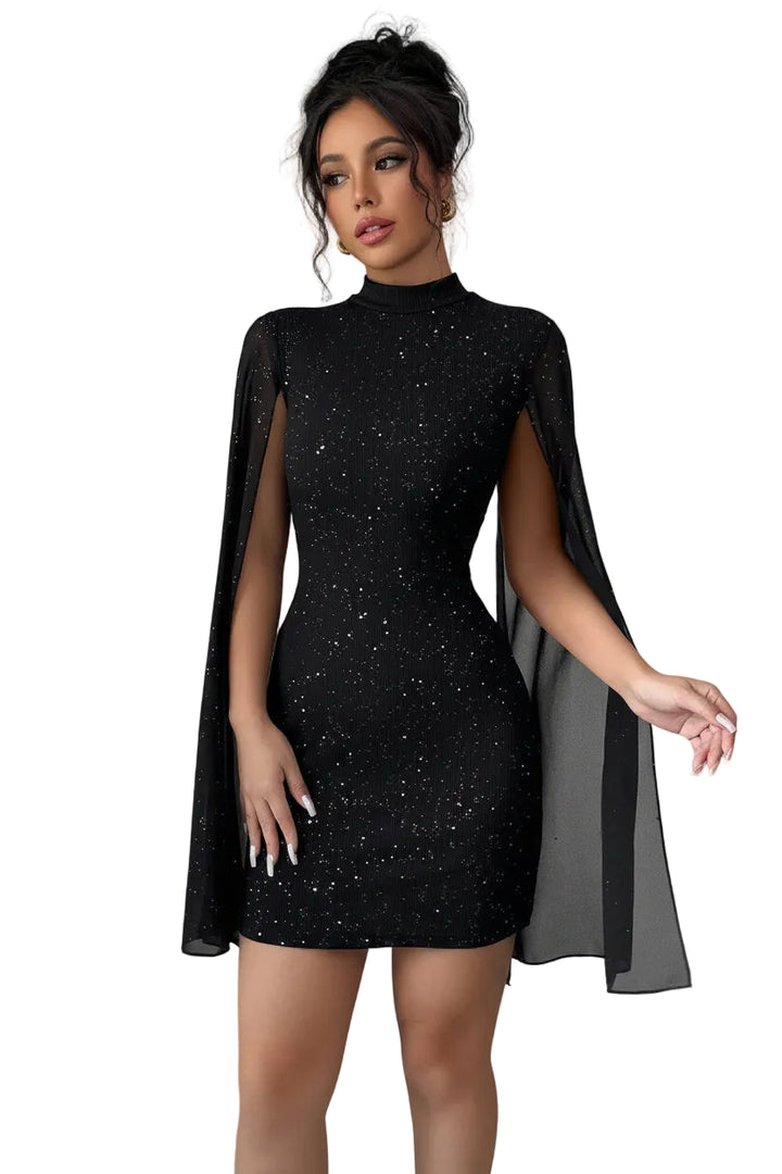 Women's Sexy Elegant Evening Party Dresses Round Neck Pit Stripe Pearl Chiffon Cape Sleeve Wrapped Hip Dress - cas7m