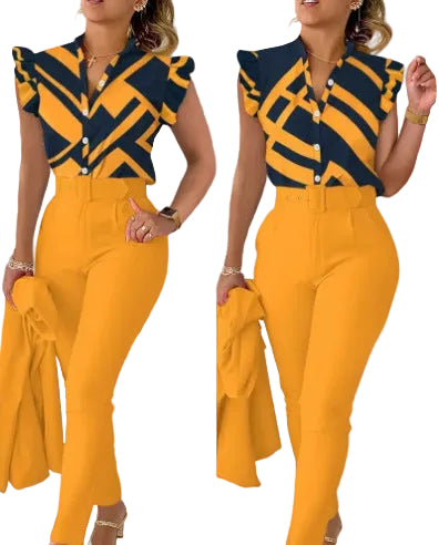 Printed Ruffle Sleeve Top Solid Color Pants Suit With Belt - cas7m