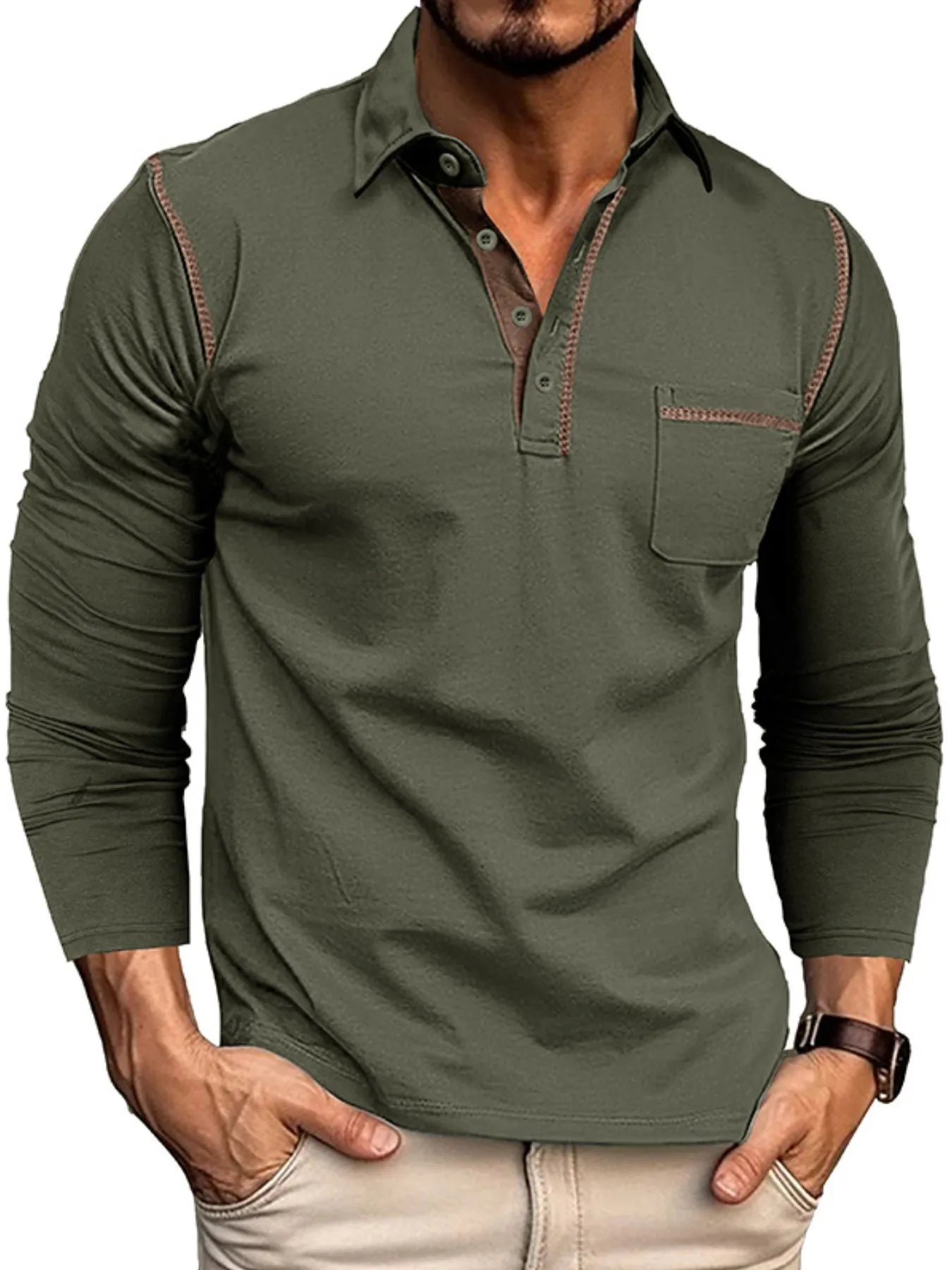 Men's Long Sleeve Polo Shirt with Contrast Stitching - cas7m